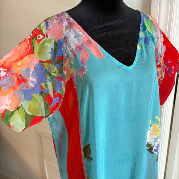 Johnny Was Red & Turquoise Floral Rayon Print Loose Shift Dress! Short Sleeve. M - Picture 3 of 12